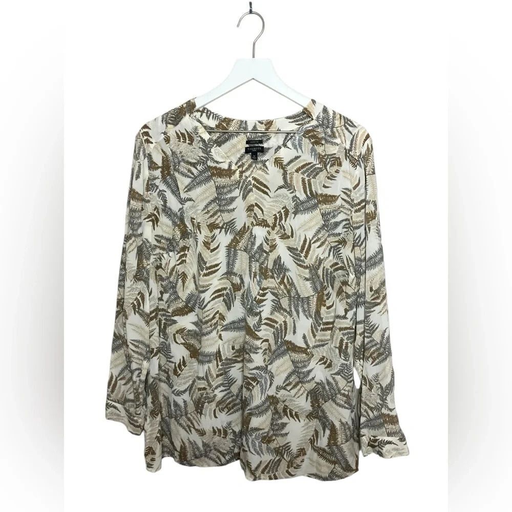Talbots Washable Silk Blouse 1X Popover Botanical Leaf Print Office Mature